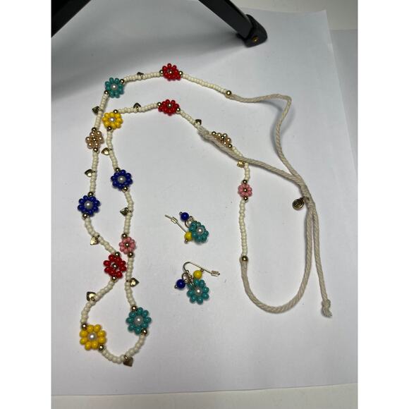 multi colored fun necklace with matching pierced stud earrings white red blue - Picture 5 of 16